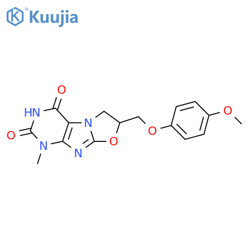 7-(4-methoxyphenoxy)methyl-1-methyl-1H,2H,3H,4H,6H,7H-1,3oxazolo3,2-gpurine-2,4-dione structure