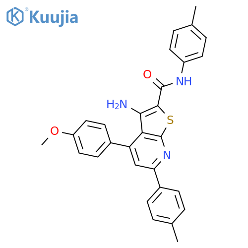 <br>3-Amino-4-(4-methoxy-phenyl)-6-p-tolyl-thieno[2,3-b]pyridine-2-carboxylic a cid p-tolylamide structure