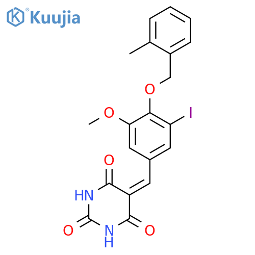 <br>5-{3-iodo-5-methoxy-4-[(2-methylbenzyl)oxy]benzylidene}pyrimidine-2,4,6(1H, 3H,5H)-trione structure