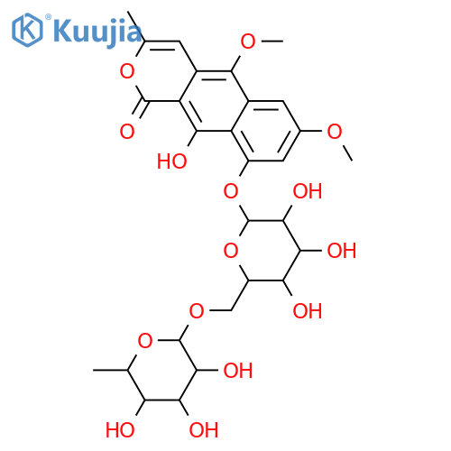 5,7,9,10-Tetrahydroxy-3-methyl-1H-naphtho[2,3-c]pyran-1-one; 5,7-Di-Me ether, 9-O-[α-L-rhamnopyranosyl-(1→6)-β-D-glucopyranoside] structure
