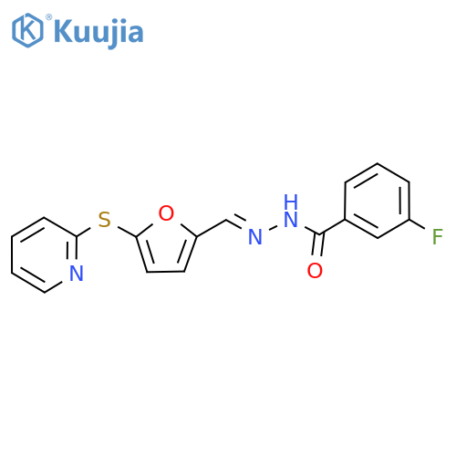 3-fluoro-N-[(E)-(5-pyridin-2-ylsulfanylfuran-2-yl)methylideneamino]benzamide structure