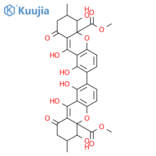 dimethyl (5S,5'S,6R,6'R,10aS,10a'S)-1,1',5,5',9,9'-hexahydroxy-6,6'-dimethyl-8,8'-dioxo-5,5',6,6',7,7',8,8'-octahydro-10aH,10a'H-2,2'-bixanthene-10a,10a'-dicarboxylate structure