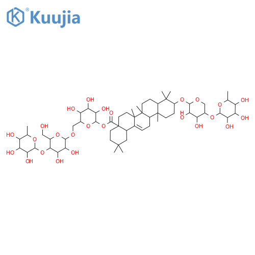 Olean-12-en-28-oic acid, 3-[[4-O-(6-deoxy-α-L-mannopyranosyl)-α-L-arabinopyranosyl]oxy]-, O-6-deoxy-α-L-mannopyranosyl-(1→4)-O-β-D-glucopyranosyl-(1→6)-β-D-glucopyranosyl ester, (3β)- structure