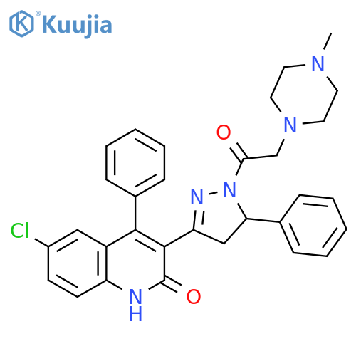 6-chloro-3-{1-2-(4-methylpiperazin-1-yl)acetyl-5-phenyl-4,5-dihydro-1H-pyrazol-3-yl}-4-phenyl-1,2-dihydroquinolin-2-one structure