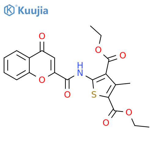 2,4-diethyl 3-methyl-5-(4-oxo-4H-chromene-2-amido)thiophene-2,4-dicarboxylate structure