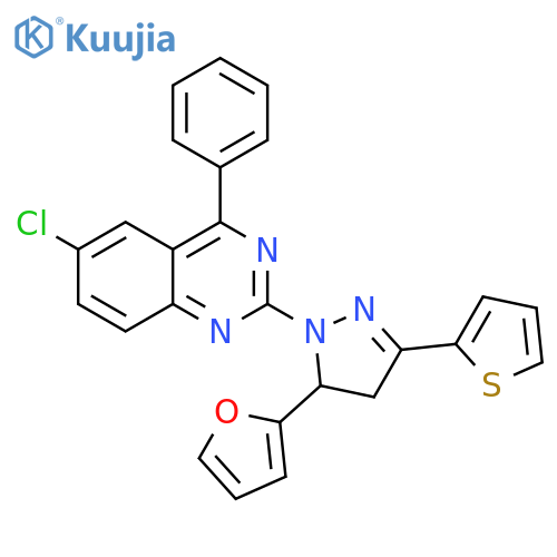 6-chloro-2-5-(furan-2-yl)-3-(thiophen-2-yl)-4,5-dihydro-1H-pyrazol-1-yl-4-phenylquinazoline structure