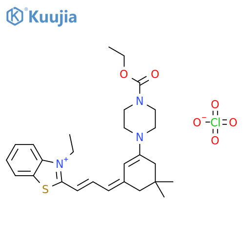 ethyl 4-[(3E)-3-[(E)-3-(3-ethylbenzothiazol-2-yl)prop-2-enylidene]-5,5-dimethyl-1-cyclohexenyl]piperazine-1-carboxylate perchlorate structure