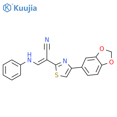 (2E)-2-4-(2H-1,3-benzodioxol-5-yl)-1,3-thiazol-2-yl-3-(phenylamino)prop-2-enenitrile structure