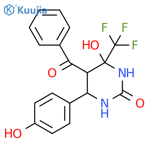 5-benzoyl-4-hydroxy-6-(4-hydroxyphenyl)-4-(trifluoromethyl)-1,3-diazinan-2-one structure