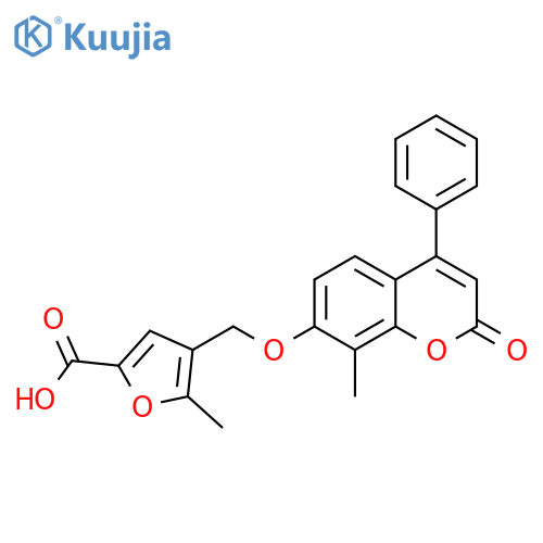 5-methyl-4-(((8-methyl-2-oxo-4-phenyl-2H-chromen-7-yl)oxy)methyl)furan-2-carboxylic acid structure