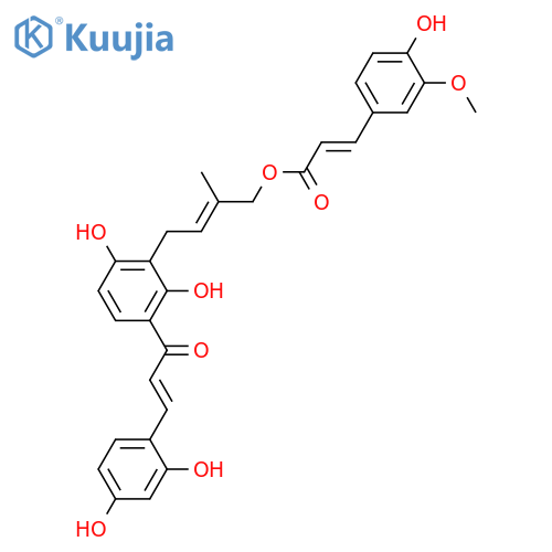 2-Propenoic acid, 3-(4-hydroxy-3-methoxyphenyl)-, (2E)-4-[3-[(2E)-3-(2,4-dihydroxyphenyl)-1-oxo-2-propen-1-yl]-2,6-dihydroxyphenyl]-2-methyl-2-buten-1-yl ester, (2E)- structure