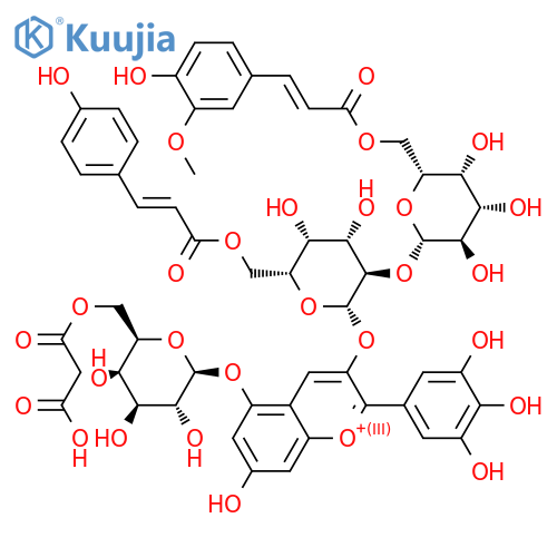 Delphinidin 3-[2-(6-feruloylglucoside)-6-p-coumaroylglucoside]-5-(6-malonylglucoside) structure