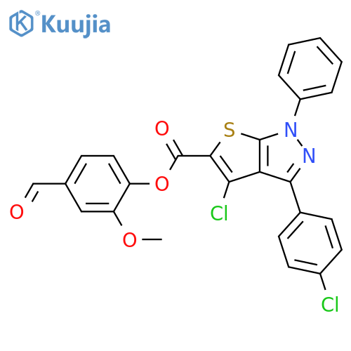 4-Formyl-2-methoxyphenyl 4-chloro-3-(4-chlorophenyl)-1-phenyl-1H-thieno[2,3-c]pyrazole-5-carboxylate structure
