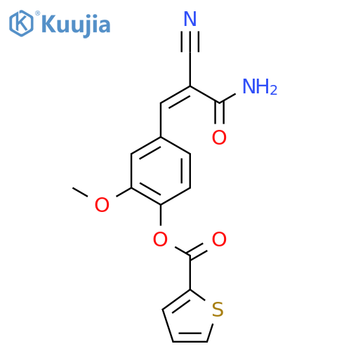 4-(2-Carbamoyl-2-cyanoeth-1-en-1-yl)-2-methoxyphenyl thiophene-2-carboxylate structure