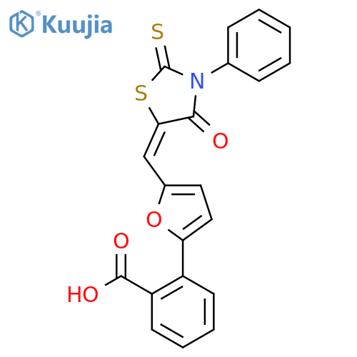 2-(5-{(5E)-4-oxo-3-phenyl-2-sulfanylidene-1,3-thiazolidin-5-ylidenemethyl}furan-2-yl)benzoic acid structure