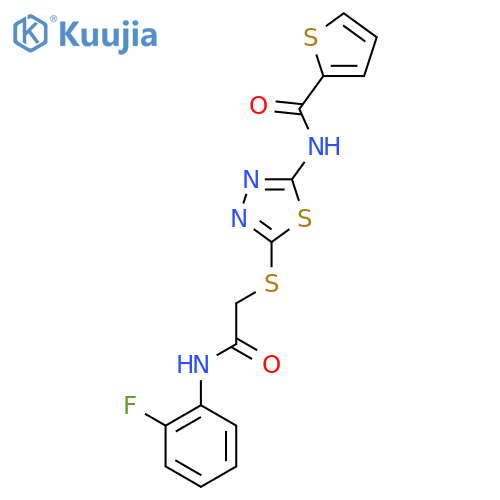 N-5-({(2-fluorophenyl)carbamoylmethyl}sulfanyl)-1,3,4-thiadiazol-2-ylthiophene-2-carboxamide structure