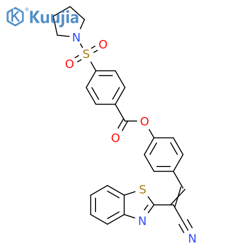 4-(1E)-2-(1,3-benzothiazol-2-yl)-2-cyanoeth-1-en-1-ylphenyl 4-(pyrrolidine-1-sulfonyl)benzoate structure