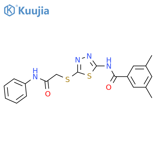 3,5-dimethyl-N-(5-{(phenylcarbamoyl)methylsulfanyl}-1,3,4-thiadiazol-2-yl)benzamide structure