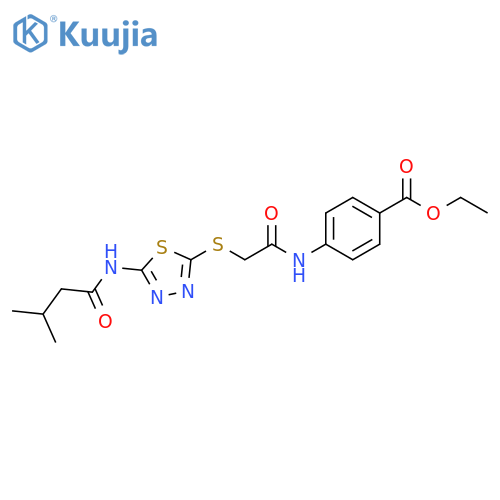 ethyl 4-(2-{5-(3-methylbutanamido)-1,3,4-thiadiazol-2-ylsulfanyl}acetamido)benzoate structure