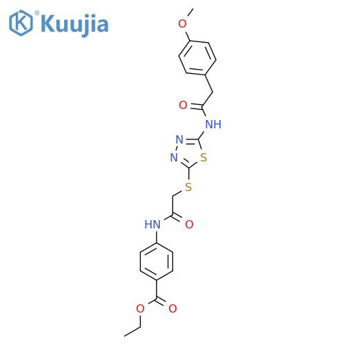 ethyl 4-2-({5-2-(4-methoxyphenyl)acetamido-1,3,4-thiadiazol-2-yl}sulfanyl)acetamidobenzoate structure