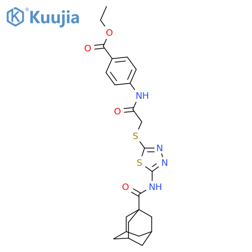 ethyl 4-(2-{5-(adamantane-1-amido)-1,3,4-thiadiazol-2-ylsulfanyl}acetamido)benzoate structure
