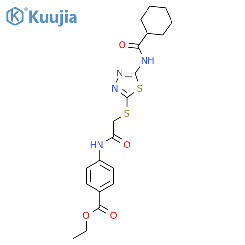 ethyl 4-{2-(5-cyclohexaneamido-1,3,4-thiadiazol-2-yl)sulfanylacetamido}benzoate structure