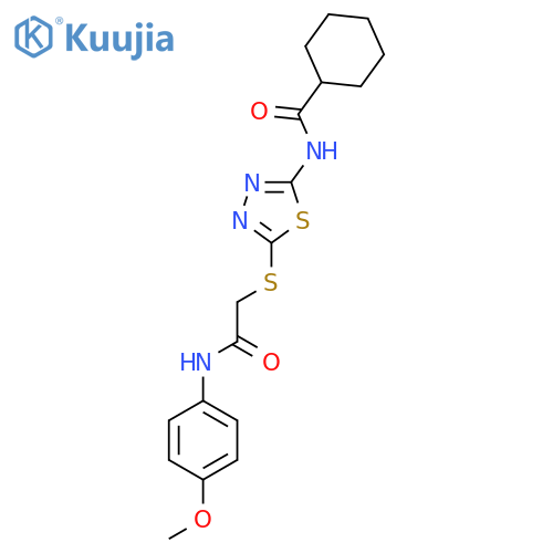N-5-({(4-methoxyphenyl)carbamoylmethyl}sulfanyl)-1,3,4-thiadiazol-2-ylcyclohexanecarboxamide structure