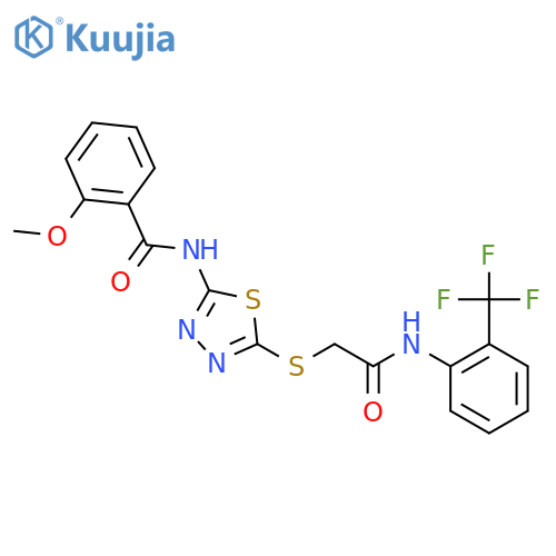 2-methoxy-N-{5-({2-(trifluoromethyl)phenylcarbamoyl}methyl)sulfanyl-1,3,4-thiadiazol-2-yl}benzamide structure