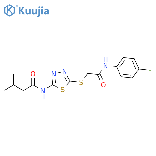 N-[5-({[(4-fluorophenyl)carbamoyl]methyl}sulfanyl)-1,3,4-thiadiazol-2-yl]-3-methylbutanamide structure