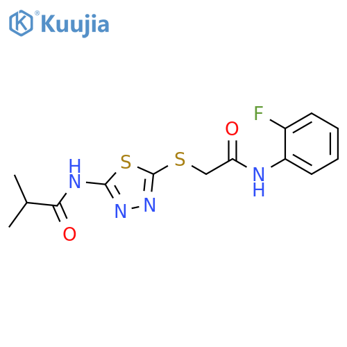 N-5-({(2-fluorophenyl)carbamoylmethyl}sulfanyl)-1,3,4-thiadiazol-2-yl-2-methylpropanamide structure