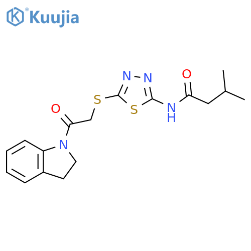 N-(5-{2-(2,3-dihydro-1H-indol-1-yl)-2-oxoethylsulfanyl}-1,3,4-thiadiazol-2-yl)-3-methylbutanamide structure