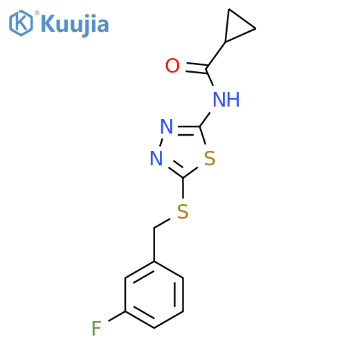 N-(5-{(3-fluorophenyl)methylsulfanyl}-1,3,4-thiadiazol-2-yl)cyclopropanecarboxamide structure
