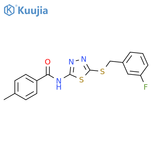 N-(5-{(3-fluorophenyl)methylsulfanyl}-1,3,4-thiadiazol-2-yl)-4-methylbenzamide structure