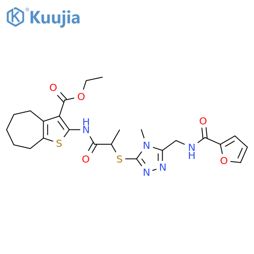ethyl 2-{2-(5-{(furan-2-yl)formamidomethyl}-4-methyl-4H-1,2,4-triazol-3-yl)sulfanylpropanamido}-4H,5H,6H,7H,8H-cycloheptabthiophene-3-carboxylate structure