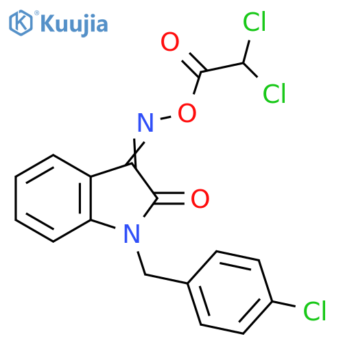 [(3Z)-1-[(4-chlorophenyl)methyl]-2-oxo-2,3-dihydro-1H-indol-3-ylidene]amino 2,2-dichloroacetate structure