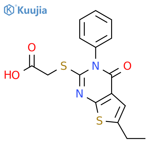 <br>(6-Ethyl-4-oxo-3-phenyl-3,4-dihydro-thieno[2,3-d]pyrimidin-2-ylsulfanyl)-ac etic acid structure