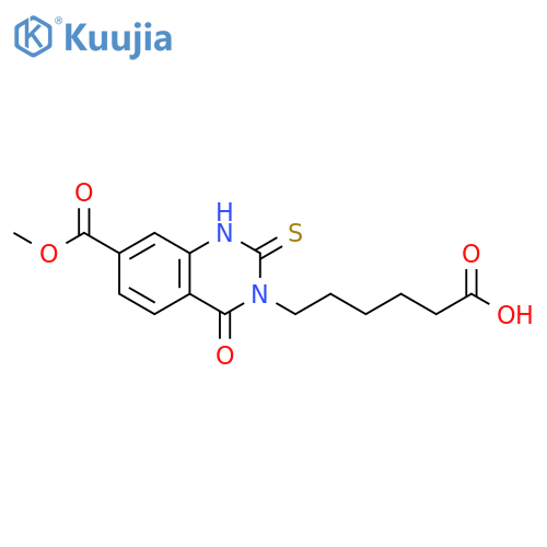 6-7-(methoxycarbonyl)-4-oxo-2-sulfanylidene-1,2,3,4-tetrahydroquinazolin-3-ylhexanoic acid structure