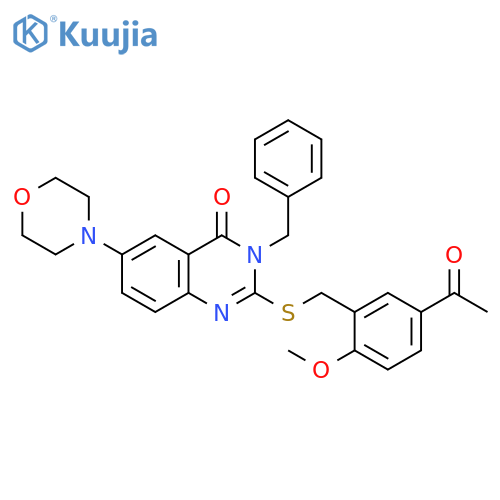 2-{(5-acetyl-2-methoxyphenyl)methylsulfanyl}-3-benzyl-6-(morpholin-4-yl)-3,4-dihydroquinazolin-4-one structure