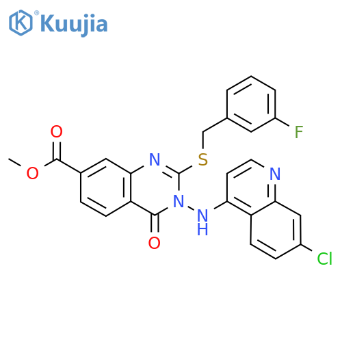 methyl 3-[(7-chloroquinolin-4-yl)amino]-2-{[(3-fluorophenyl)methyl]sulfanyl}-4-oxo-3,4-dihydroquinazoline-7-carboxylate structure