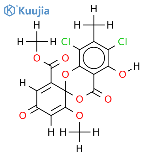 6,8-Dichlor-5-hydroxy-6'-methoxy-7-methyl-4,4'-dioxo-4H-spiro[benzo[1,3]dioxin-2,1'-cyclohexa-2,5-dien]-2'-carbonsaeure-methylester structure