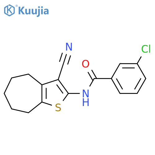 3-chloro-N-{3-cyano-4H,5H,6H,7H,8H-cycloheptabthiophen-2-yl}benzamide structure