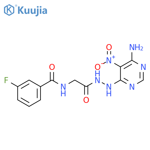 N-{N'-(6-amino-5-nitropyrimidin-4-yl)hydrazinecarbonylmethyl}-3-fluorobenzamide structure