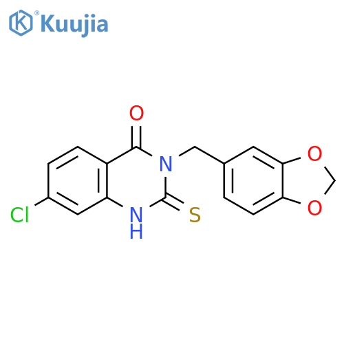 3-(2H-1,3-benzodioxol-5-yl)methyl-7-chloro-2-sulfanylidene-1,2,3,4-tetrahydroquinazolin-4-one structure