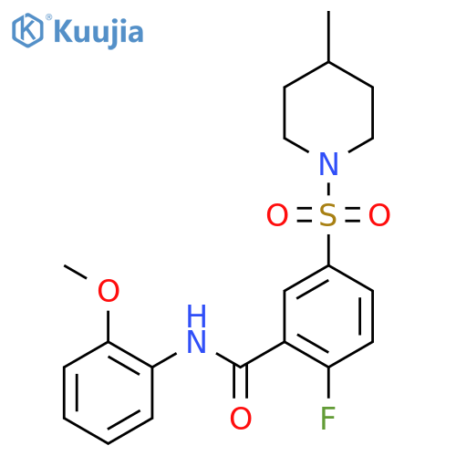 2-fluoro-N-(2-methoxyphenyl)-5-(4-methylpiperidin-1-yl)sulfonylbenzamide structure