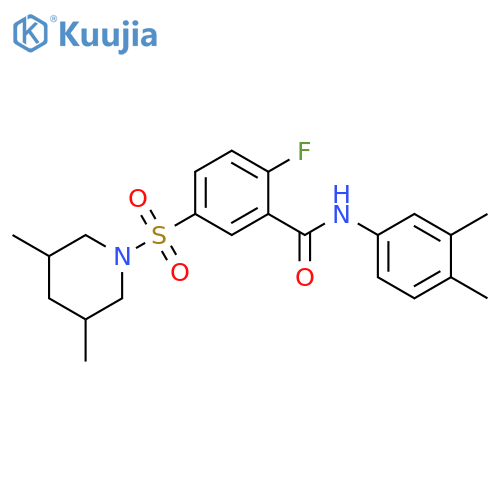N-(3,4-dimethylphenyl)-5-(3,5-dimethylpiperidin-1-yl)sulfonyl-2-fluorobenzamide structure