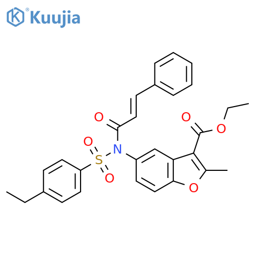 ethyl 5-(2E)-N-(4-ethylbenzenesulfonyl)-3-phenylprop-2-enamido-2-methyl-1-benzofuran-3-carboxylate structure