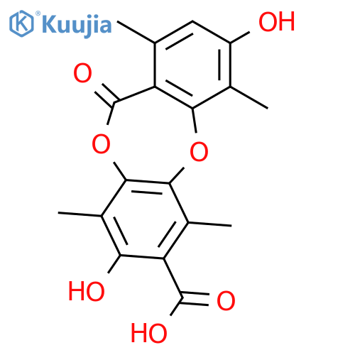 11H-Dibenzo[b,e][1,4]dioxepin-7-carboxylicacid, 3,8-dihydroxy-1,4,6,9-tetramethyl-11-oxo- structure
