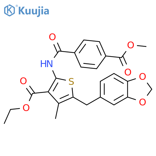 ethyl 5-(2H-1,3-benzodioxol-5-yl)methyl-2-4-(methoxycarbonyl)benzamido-4-methylthiophene-3-carboxylate structure