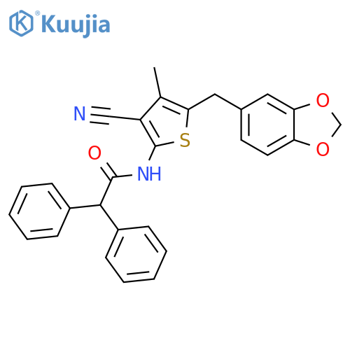 N-{5-(2H-1,3-benzodioxol-5-yl)methyl-3-cyano-4-methylthiophen-2-yl}-2,2-diphenylacetamide structure