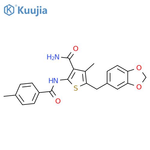 5-(2H-1,3-benzodioxol-5-yl)methyl-4-methyl-2-(4-methylbenzamido)thiophene-3-carboxamide structure